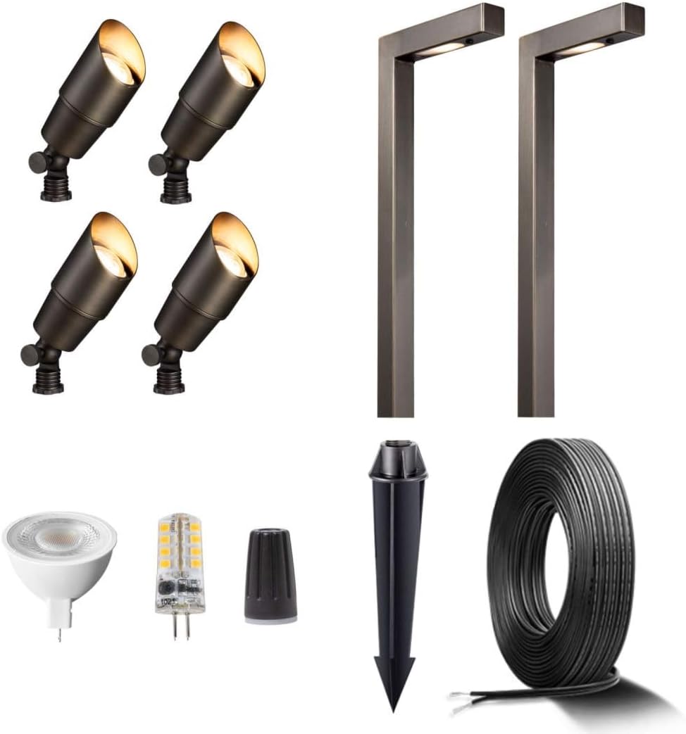 Gardenreet Brass Landscape Lighting Kit (4 Spotlights, 2 Path Lights) with 100 Feet Cable and 20 Pack Wire Connectors for Outdoor House Garden Pathway Without Low Voltage Transformer