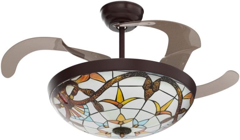 Fandian 42' Vintage Style Ceiling Fan with Light, Remote Control Classic LED Chandelier Retractable Blades 3 Light Changes Fandelier Lighting Fixture with Craft-Made Colorful Glass Lamp