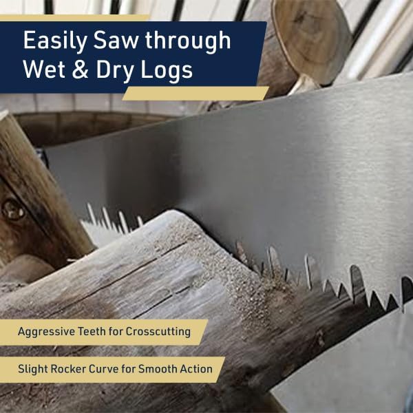 Hand Saw for Wood Cutting - 3' One Man Crosscut Saw for Logging with Screw-on Auxiliary Handle, Great American Style Teeth, and Self-Clearing Gullets by Kings County Tools