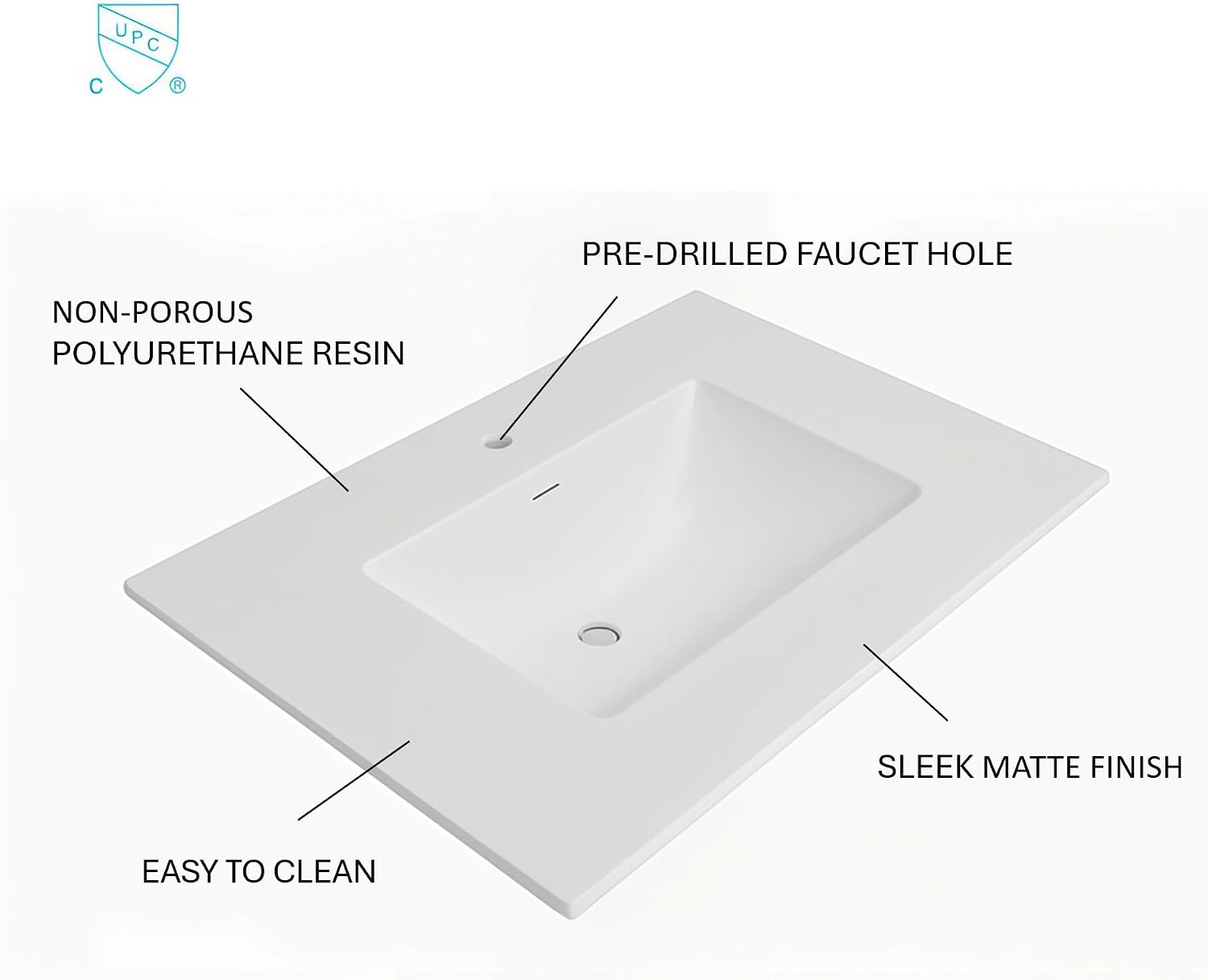 25'/31'/37' Solid Surface Polyurethane Resin Streamline Vanity Top With Sink, Durable, Consistent Color, Easy-to-Clean, Built-in Overflow (31'W x 22'D)