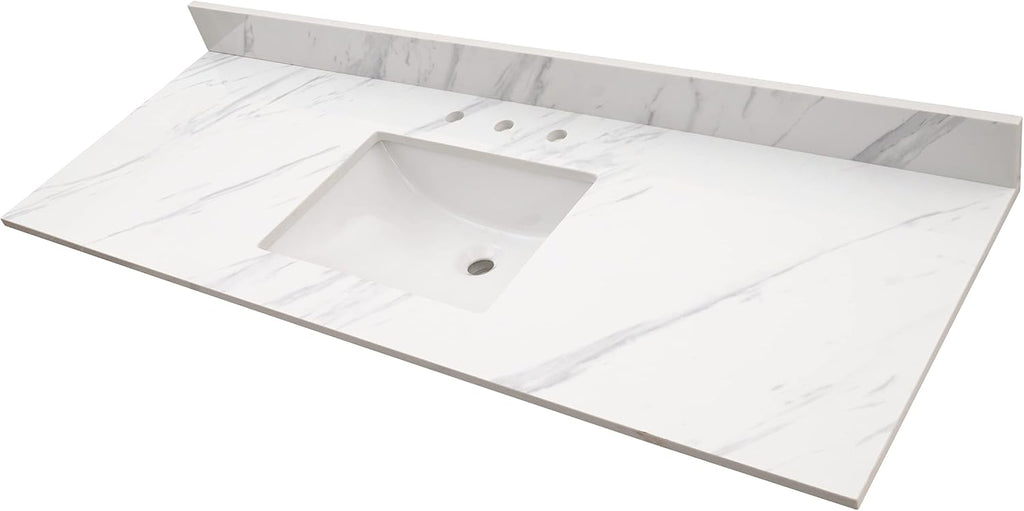 MSI Calacatta Lumas Vanity Top with Under Mount Rectangle Single Bowl Ceramic Sink, Engineered Marble Stone, 4' CC Faucet Holes, 61'X22'