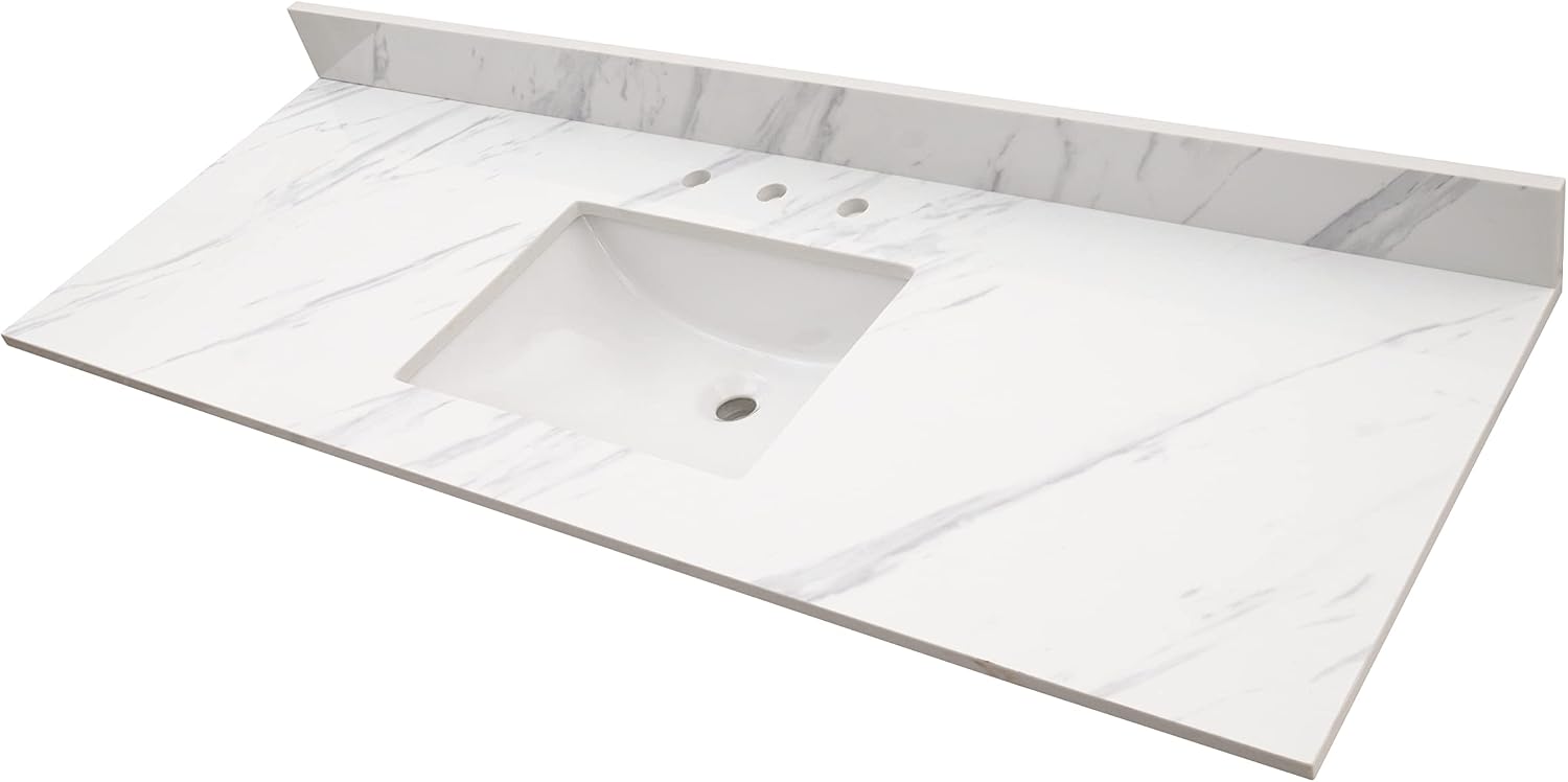 MSI Calacatta Lumas Vanity Top with Under Mount Rectangle Single Bowl Ceramic Sink, Engineered Marble Stone, 4' CC Faucet Holes, 61'X22'