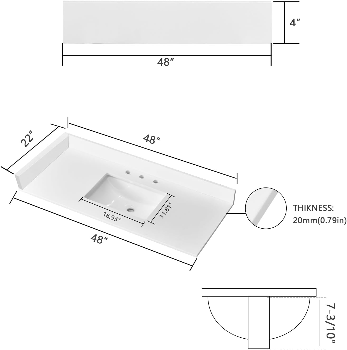 48' x 22' Vanity Top, Quartz Vanity Sink Top in Pure White, with One Sidesplash & One Backsplash, with Undermounted Sink,8 Inch Faucet Hole Spread for Vanity Top with Sink