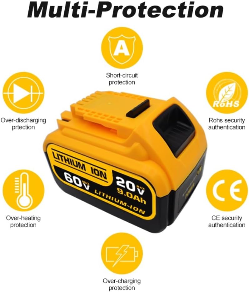 20V/60V Replacement Lithium Compatible with Dewalt DCB606 DCB612 DCB609 205 DCB204 DCB206 Cordless Power Reciprocating Saw Angle Grinder Tool Packs(2pcs 9000mAh)