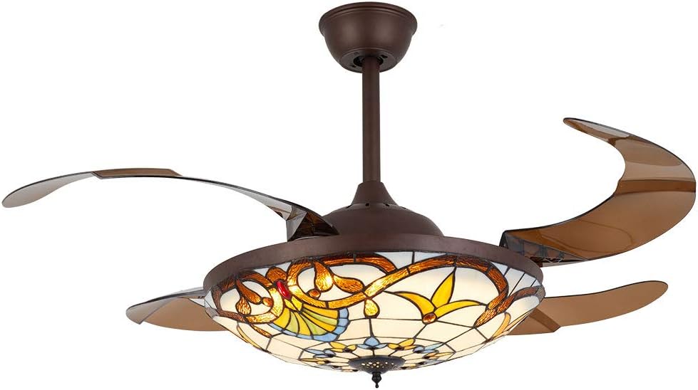 42 Inch Ceiling Fan with Light Classic LED Chandelier Remote Control Retractable Blades 3 Speeds 3 Light Changes Pendant Light, Silent Motor Craft-made Colorful Lamps for Bedroom Living Room
