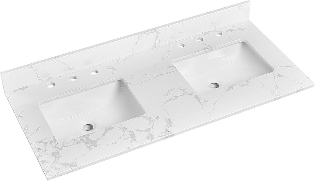 48'x22' Vanity Top with Sink, Engineered Stone Vanity Top with Rectangular Undermount Ceramic Double Sink, 8 Inch Faucet Hole Spacing with Backsplash Countertops for Bathroom