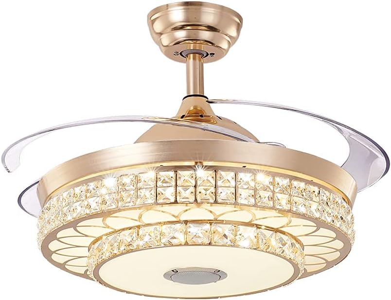Fandian 42' Modern Smart Crystal Ceiling Fans with Lights and Remote Control, Retractable Bluetooth Speaker Chandeliers, 3 Colors Lighting Fandelier Fixtures for Bedroom, Living Room