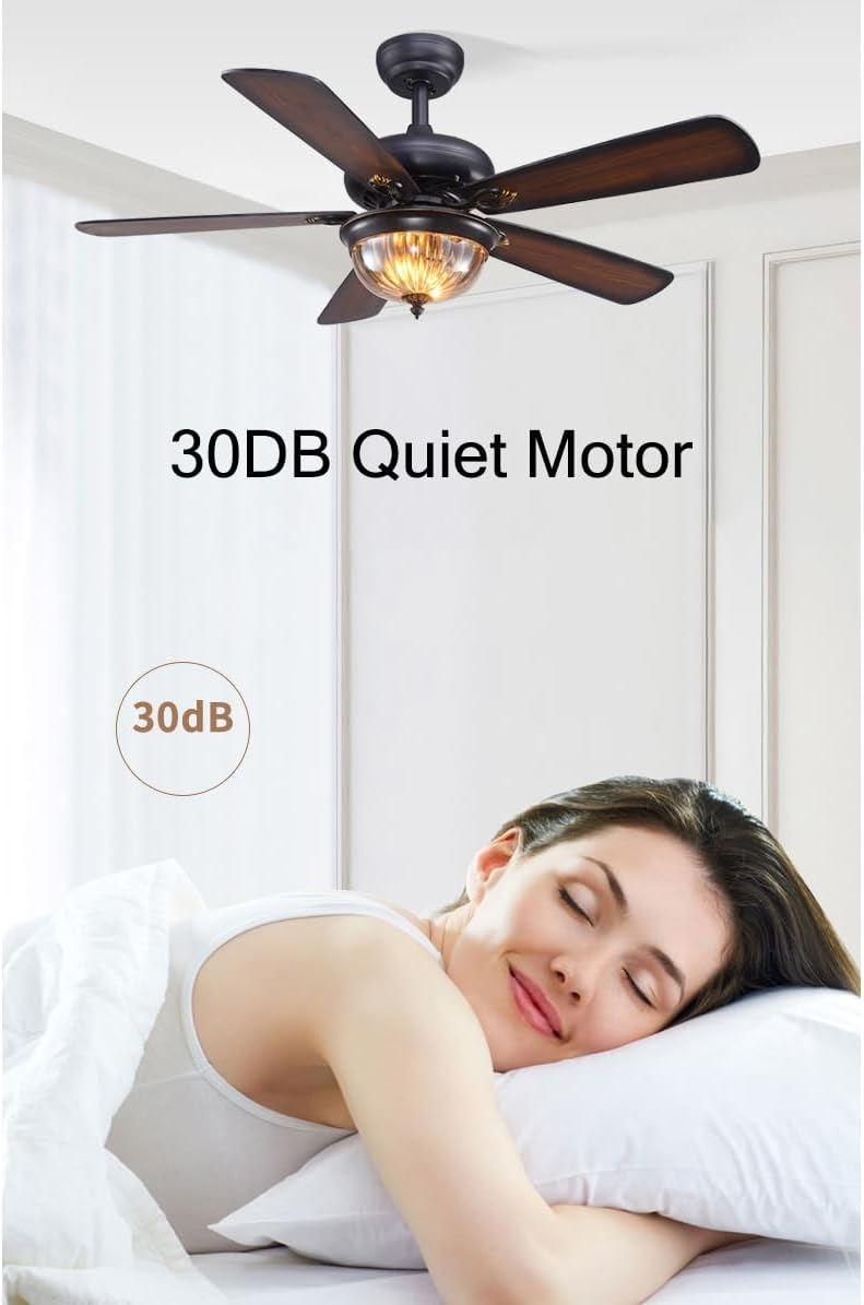 52 INCH Mid Century Modern Fandelier Ceiling Fan with Light Reversible Wood Blades Rustic Farmhouse Fan Chandelier Amber Glass Fan Light for Living Room Bedroom Dining Room Indoor