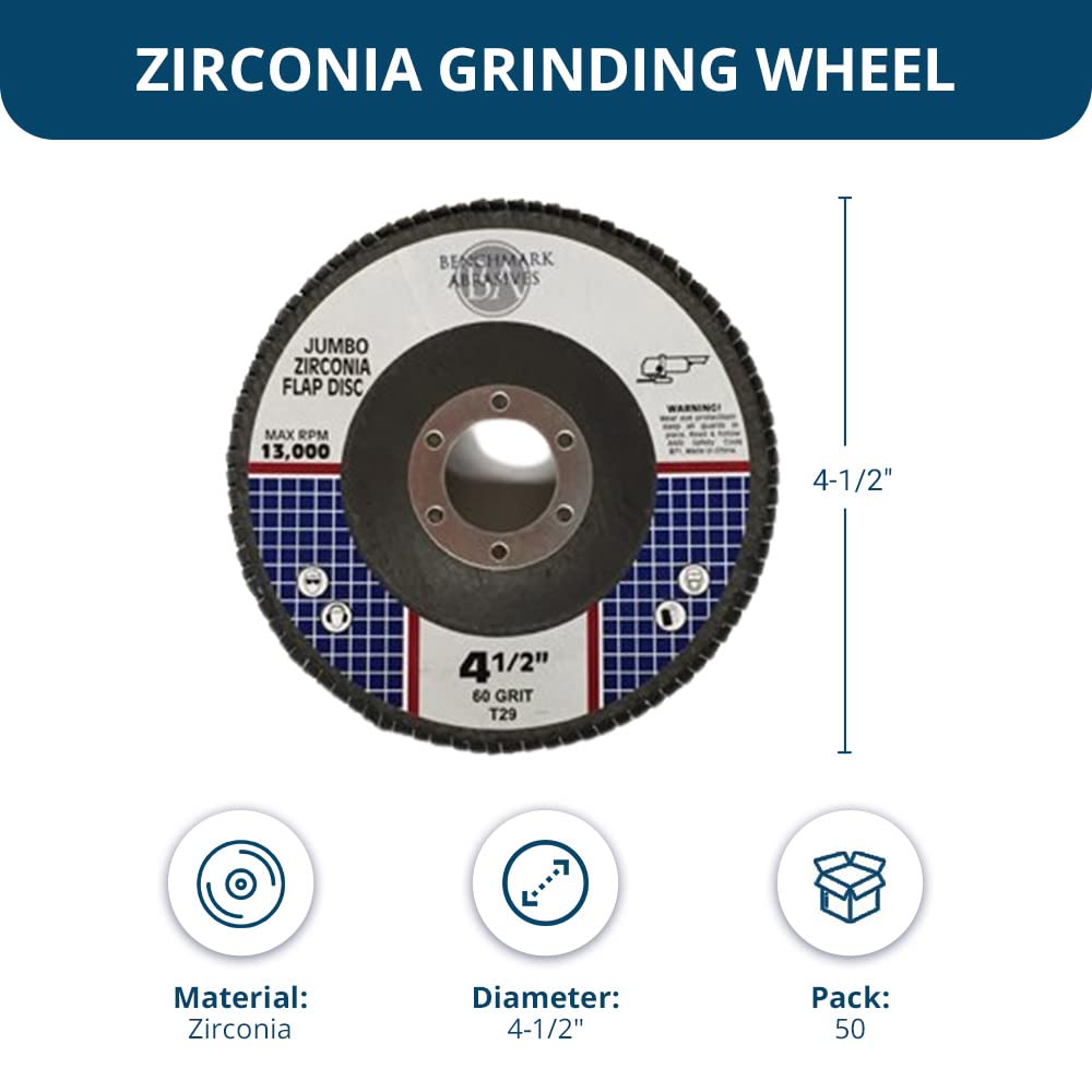 Benchmark Abrasives Professional 4.5' x 7/8' Premium High Density Jumbo Zirconia Type 29 Flap Discs 4 1/2 for Angle Grinder, Sanding Discs, Grinding Wheels 4 1/2 Inch (50 Pack) - 60 Grit