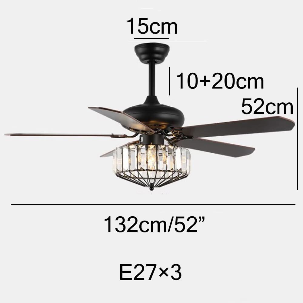 Black Crystal Fandelier Ceiling Fan with Light Living Room Ceiling Fan 52' with Light Remote 5 Blade Industrial Farmhouse Rustic Fan Chandelier for Bedroom Dining Table, Reversible Fan