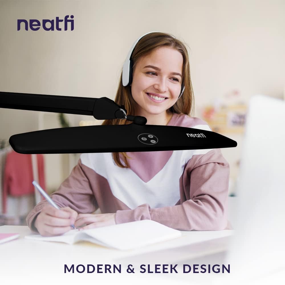 Neatfi Elite HD XL Desk Lamp – 1,600 Lumens, 22' Wide Head, 6500K Daylight | Non-Polar Dimming, Adjustable | Office, Study & Home Workspace (Black, Non-CCT with Clamp, 22 Inches)