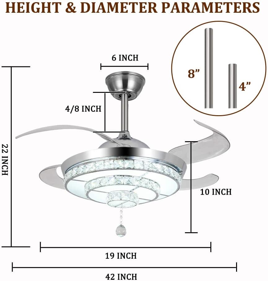 Modern 42'' Crystal Chandelier Ceiling Fan with LED Light Kit and Remote Invisible Ceiling Fan Light Retractable 3 Color Changing LED Fandelier for Living Room Bedroom