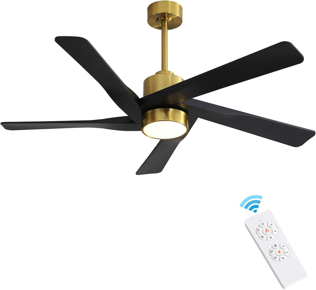 WINGBO 64' ABS DC Ceiling Fan with Lights, 5 Blade ABS Plastic Ceiling Fan with Remote, 6-Speed Reversible DC Motor, LED Ceiling Fans for Kitchen Bedroom Living Room, Brass and Matte Black