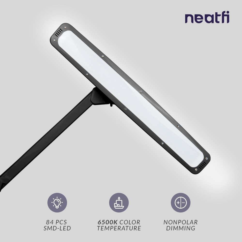 Neatfi Elite HD XL Desk Lamp – 1,600 Lumens, 22' Wide Head, 6500K Daylight | Non-Polar Dimming, Adjustable | Office, Study & Home Workspace (Black, Non-CCT with Clamp, 22 Inches)