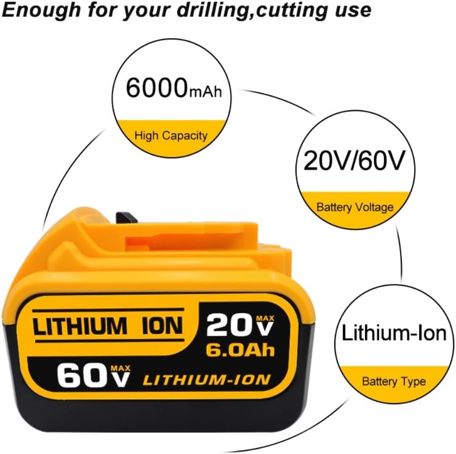 20V/60V Replacement Lithium Compatible with Dewalt DCB606 DCB612 DCB609 205 DCB204 DCB206 Cordless Power Reciprocating Saw Angle Grinder Tool Packs(2pcs 9000mAh)