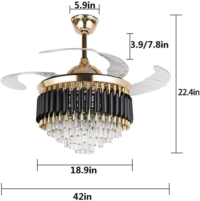 42' Crystal Fandelier Ceiling Fan Retractable Blade Ceiling Fan with Lights Modern LED Chandelier Ceiling Fan with Remote Controls, 36 Watt LED Light Strip Included, Gold+Black