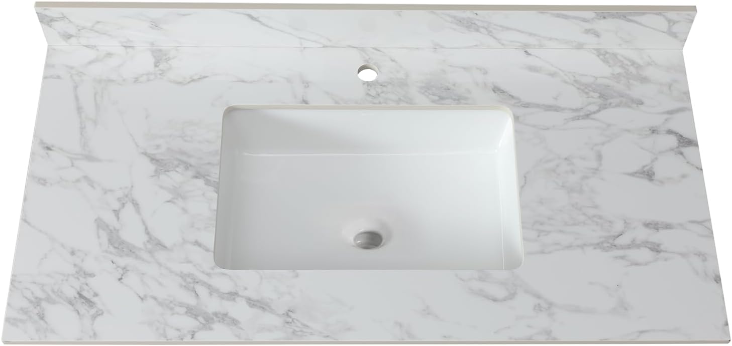 43x22 Marble Bathroom Vanity Top with Sink, Vanity Top with Sink with Pre-drilled Holes and 4' Backsplash, Perfect for Home & Rental Properties
