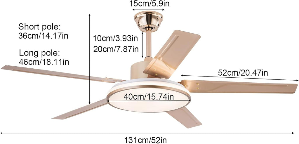 Outdoors Dimmable Fandelier Ceiling Fan with Light Remote, Timing Reversal, Adjustable Wind Speed, Low Noise 35db Pendant Lamp For Living Room, Dining Room, Kitchen, Bedroom,Pavilion terrace（52 inch）