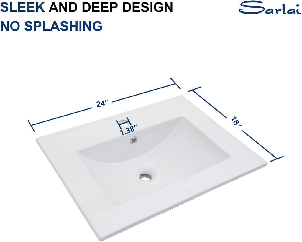 Sarlai 24 Inch Bathroom Vanity Sink Tops - White Drop In Bathroom Sink Ceramic Topmount Rectangular Vanity Top with Overflow