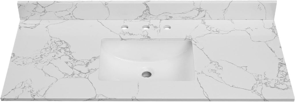 48 Inch Engineered Stone Bathroom Vanity Sink Top, with Undermount Rectangular Middle Sink, Vanity Countertop with 8 inch Faucet Hole Spacing and Backsplash in Lightning White