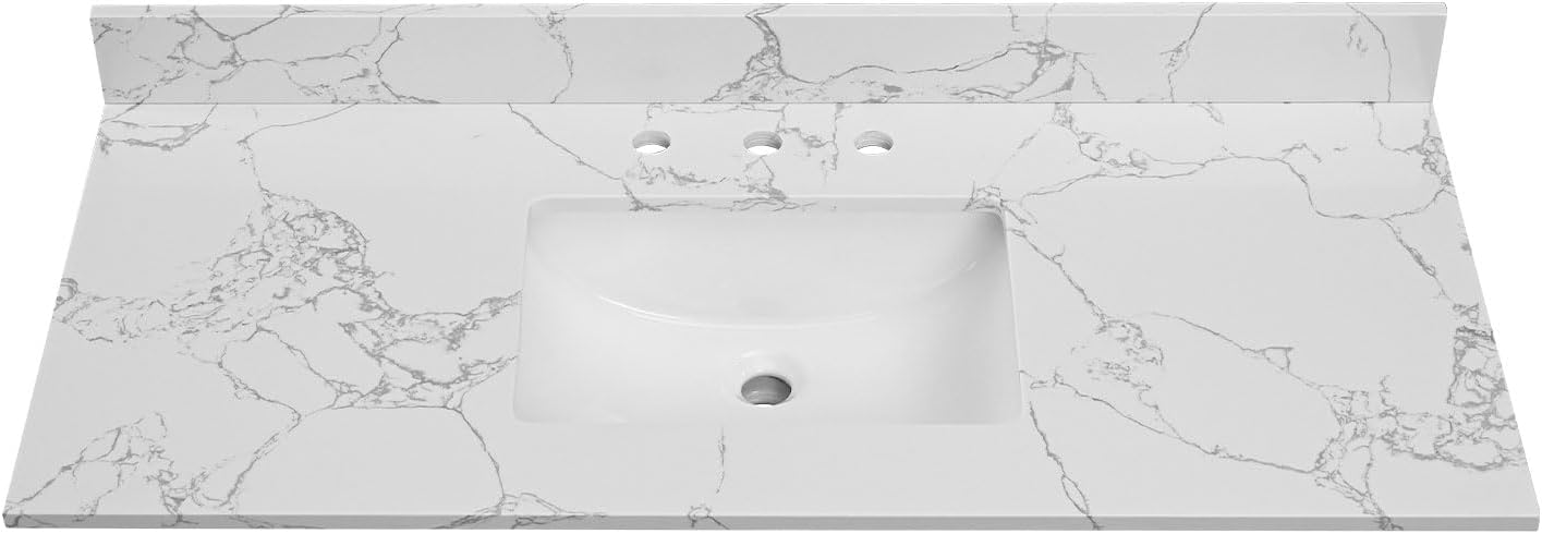 48 Inch Engineered Stone Bathroom Vanity Sink Top, with Undermount Rectangular Middle Sink, Vanity Countertop with 8 inch Faucet Hole Spacing and Backsplash in Lightning White