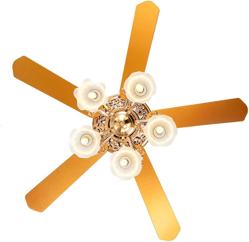52 Inch Gold Ceiling Fan with LED Light and Remote Control,Creative Design Chandelier Fan Light with 5 Wood Reversible Blades 5 Frosted Glass Lampshades,Quiet Motor