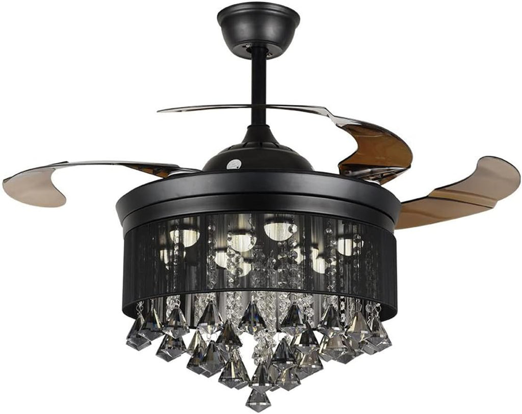 42'' Modern Crystal Ceiling Fans Light with Remote Retractable Blade Ceiling Fan Chandelier LED 3 Colors 3 Speed Fandelier Lighting Indoor for Living Room, Bedroom, Dining Room(Black)