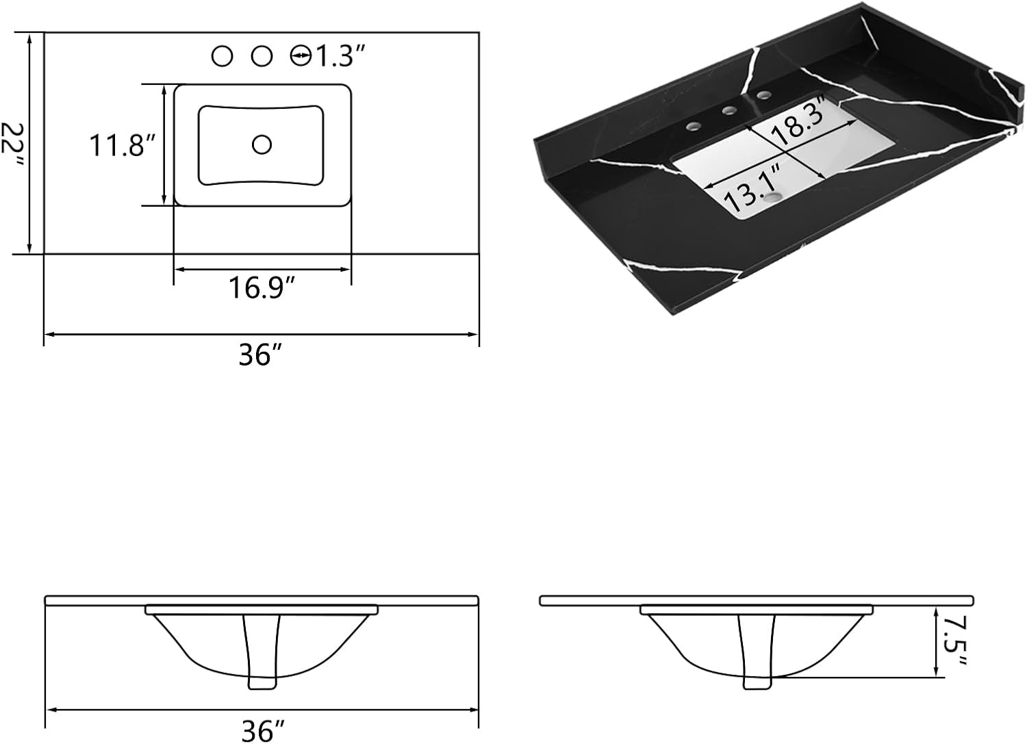36 in. W x 22 in D Quartz Vanity Top in Black Marquina,with One Sidesplash & One Backsplash, Vanity Sink Top with Assembled Single Drop-in Sink, Pre-Drilled 8 Inch Faucet Hole Countertop