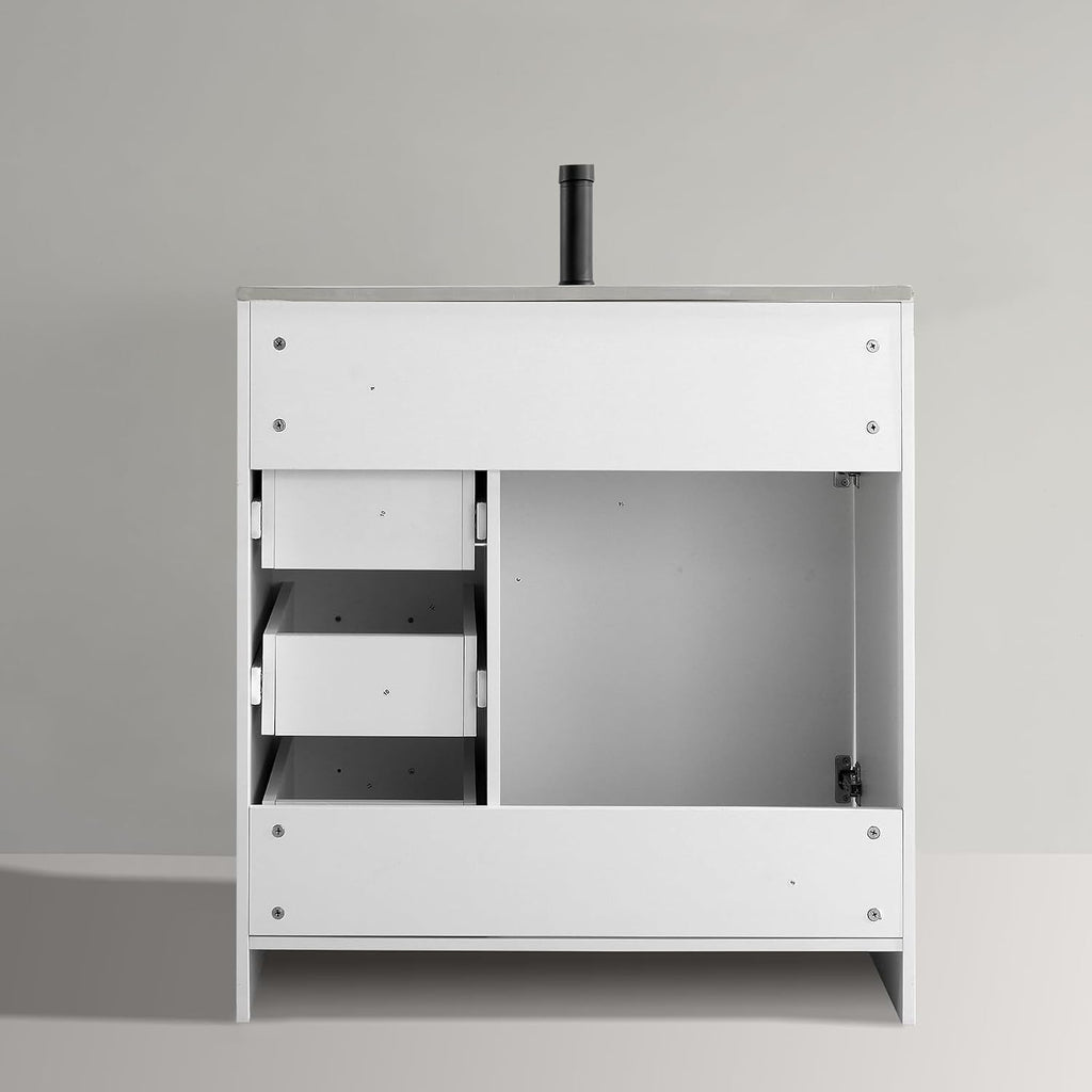 30' White Bathroom Vanity with Integrated Sink Top | Plywood Construction, Soft-Close Doors &Drawers