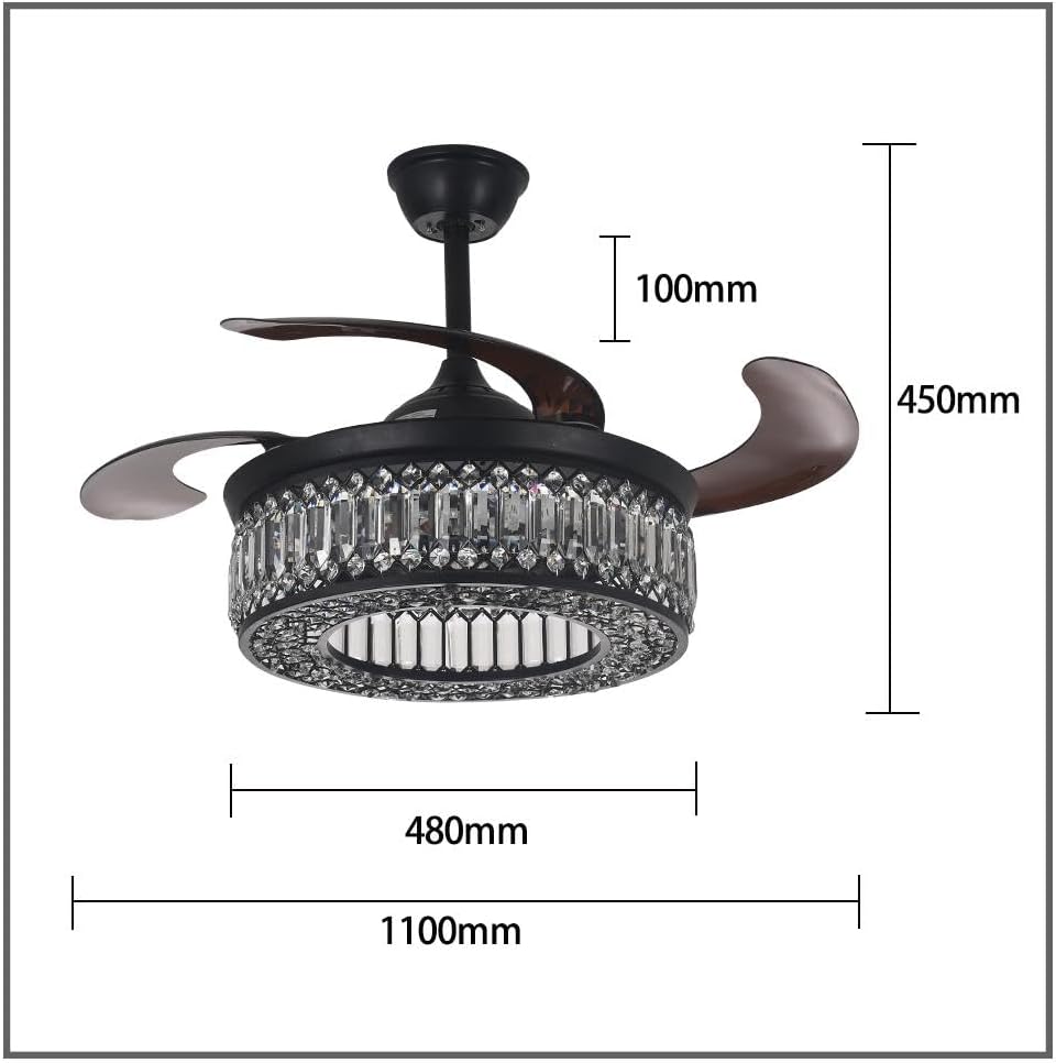 42' Crystal Ceiling Fan Fandelier with Lights and Remote Control Modern Chandelier Ceiling Fan with Reversible Blades 6 Speed, 3 Timing for Dining Room Living Room Bedroom,Black