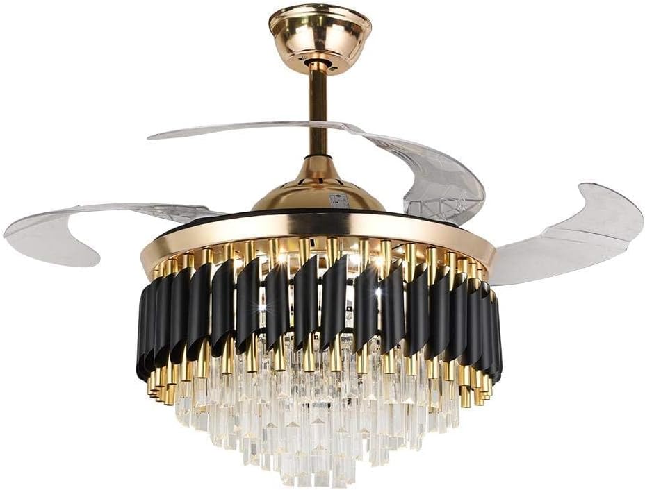 42' Crystal Fandelier Ceiling Fan Retractable Blade Ceiling Fan with Lights Modern LED Chandelier Ceiling Fan with Remote Controls, 36 Watt LED Light Strip Included, Gold+Black