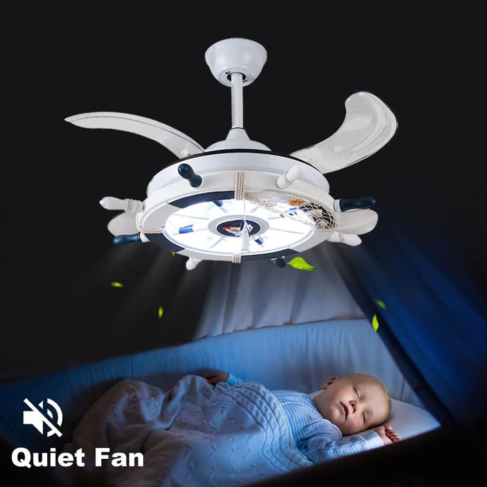 42' Chandelier Ceiling Fans with Lights Kids Nautical Rudder Invisible Ceiling Fan Light with Remote Control Retractable Blades Reversible Ceiling Fan with Light for Boys Girls Bedroom Nurser