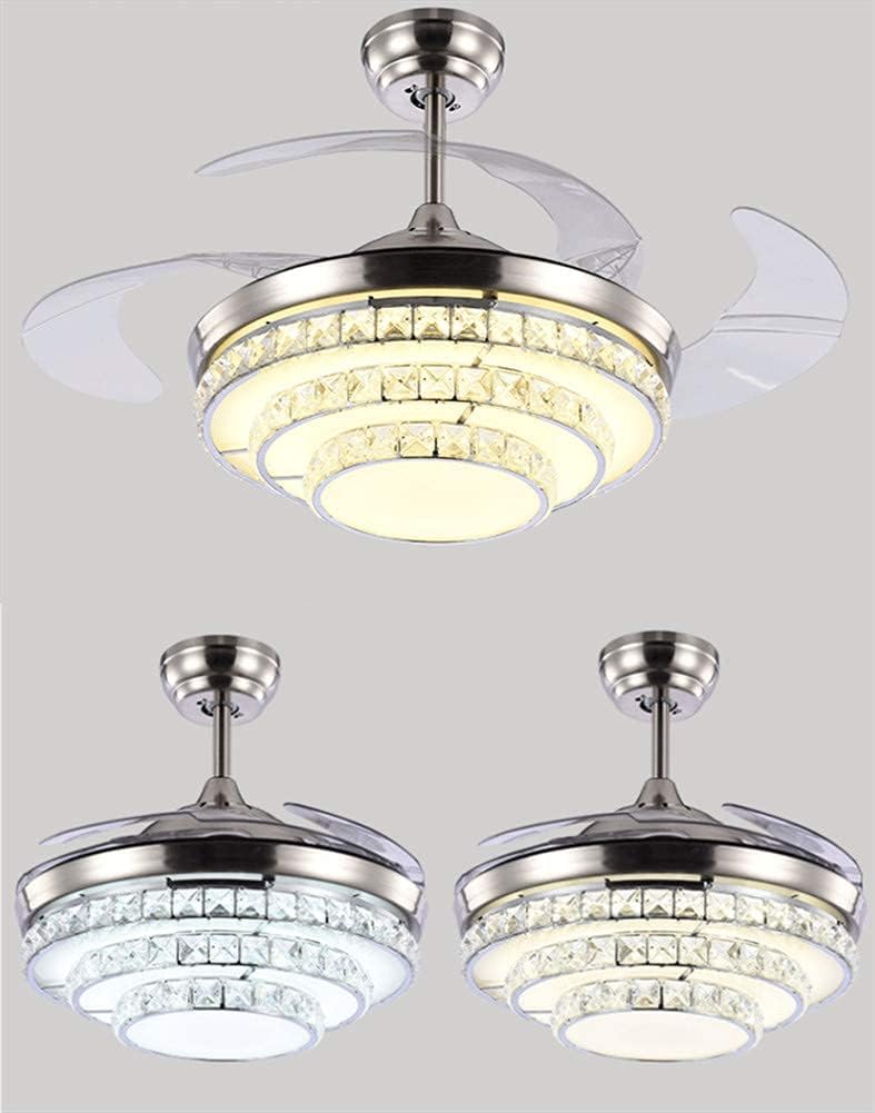 42' Crystal Invisible Ceiling Fans with Lights,Retractable Remote Control 3 Color 3 Speed LED Silent Modern Fan Chandelier Lighting for Livingroom Bedroom(Silver)