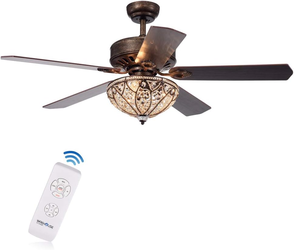 Gliska 52-Inch 5-Blade Rustic Bronze Lighted Ceiling Fans with Crystal Bowl Shade (Remote Controlled)