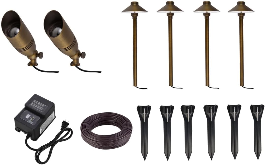 Pemberly Row Landscape Lighting Starter Kit, Set of 6, Antique Brass Finish, Includes Spotlights, Path Lights, Transformer with Timer, 100 ft Wire, Die-Cast Brass Corrosion-Resistant Outdoor Lighting
