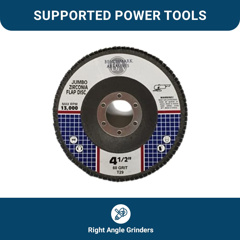 Benchmark Abrasives Professional 4.5' x 7/8' Premium High Density Jumbo Zirconia Type 29 Flap Discs 4 1/2 for Angle Grinder, Sanding Discs, Grinding Wheels 4 1/2 Inch (50 Pack) - 60 Grit