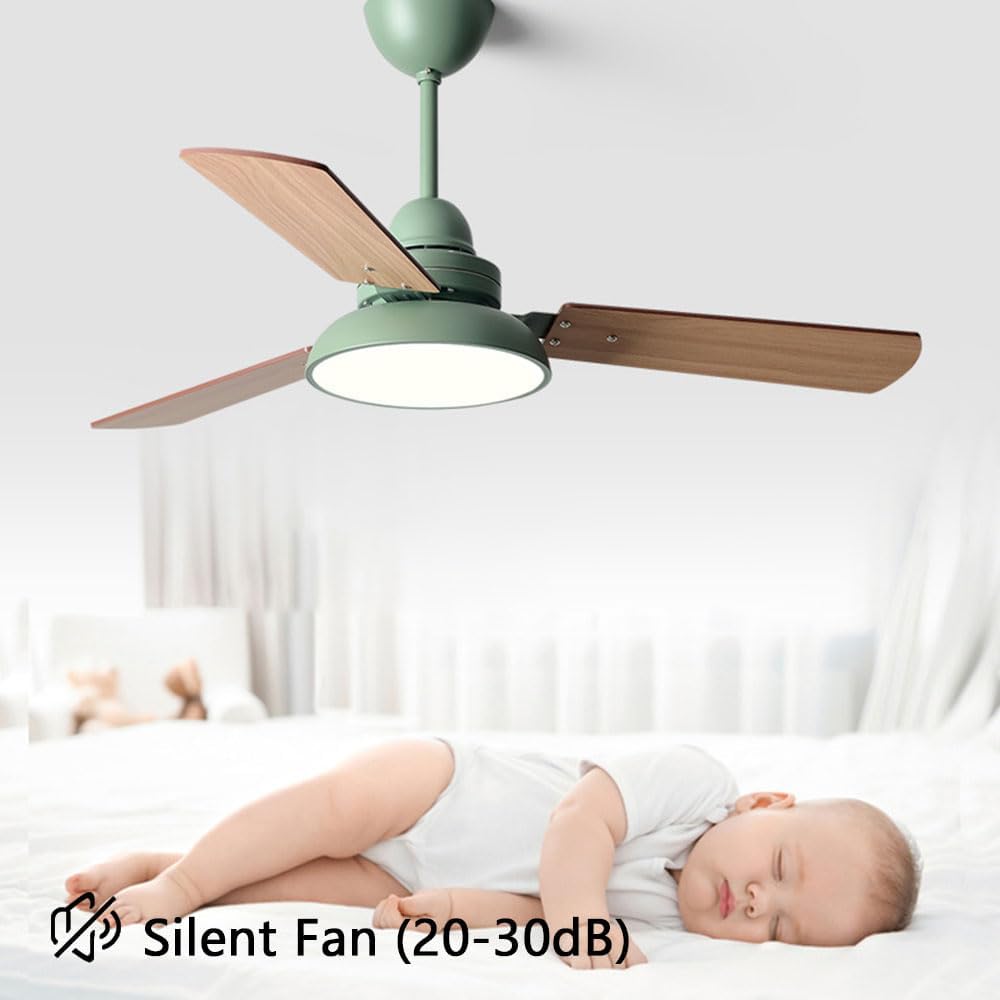 Modern Quiet 42in Ceiling Fan With Light 6 Gear Wind Speed Remote Ceiling Fans Indoor LED Green Ceiling Lights Fan Lighting Plywood Fan Blades For Living Room Dining Room Bedroom