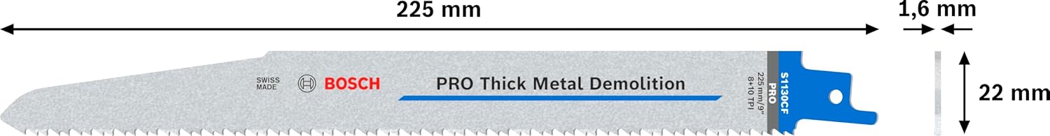 Bosch 100x PRO Thick Metal S1130CF Demolition Reciprocating Saw Blade (for Metal Pipes and Profiles, Non-Ferrous Metals, Length 225 mm, Professional Accessory Reciprocating Saw)