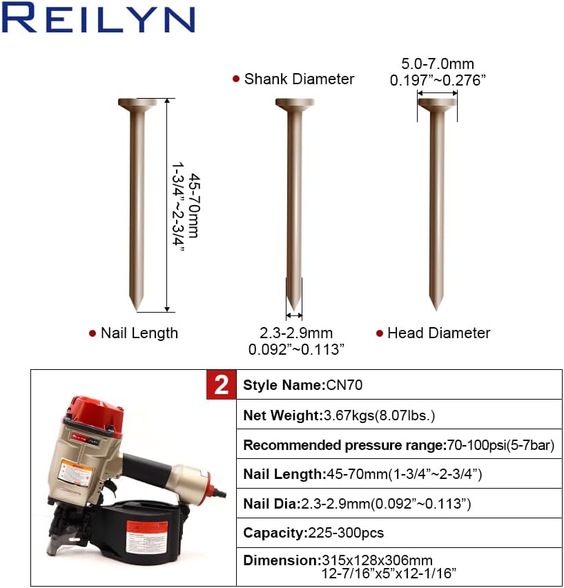Siding Nail Gun CN70, 1-3/4-inch to 2-3/4-inch Roofing Nails 15 Degree Pneumatic Coil Roofing Nail Gun for Siding Sheathing Wooding Fencing Decking
