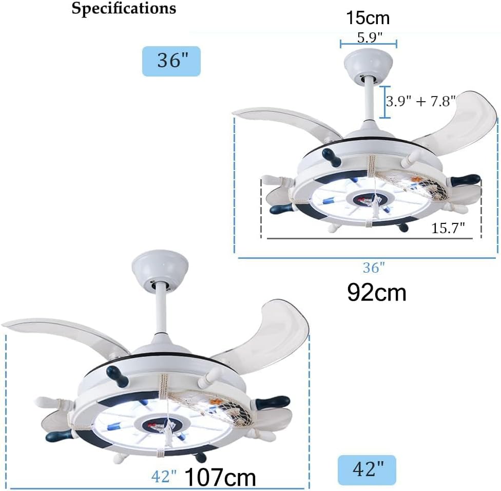 42' Chandelier Ceiling Fans with Lights Kids Nautical Rudder Invisible Ceiling Fan Light with Remote Control Retractable Blades Reversible Ceiling Fan with Light for Boys Girls Bedroom Nurser