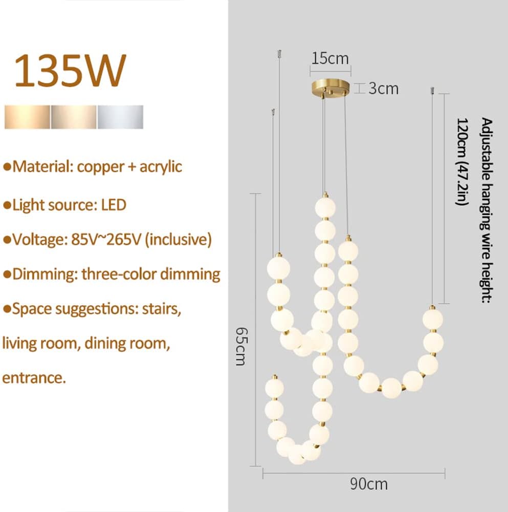 135W LED Indoor Home Decor Staircase Chandelier for Entrway Lights Dimmable Ball Pendant Light in Brass Finish 3 Lights Hight Ceiling Fixtures for Living Room Loft