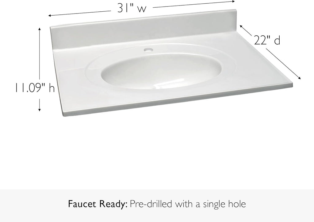 31 Inch Cultured Marble Vanity Top with Backsplash, Improved Package, White – Design House, 554592