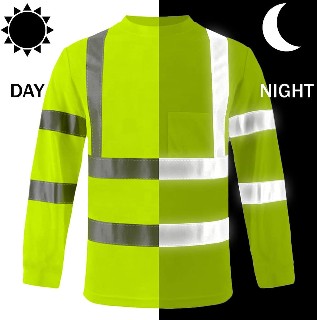 BeautyWill High Visibility Shirts Long Sleeve Class 2 Reflective Shirts ANSI with Pocket Safety Shirts for Men and Women