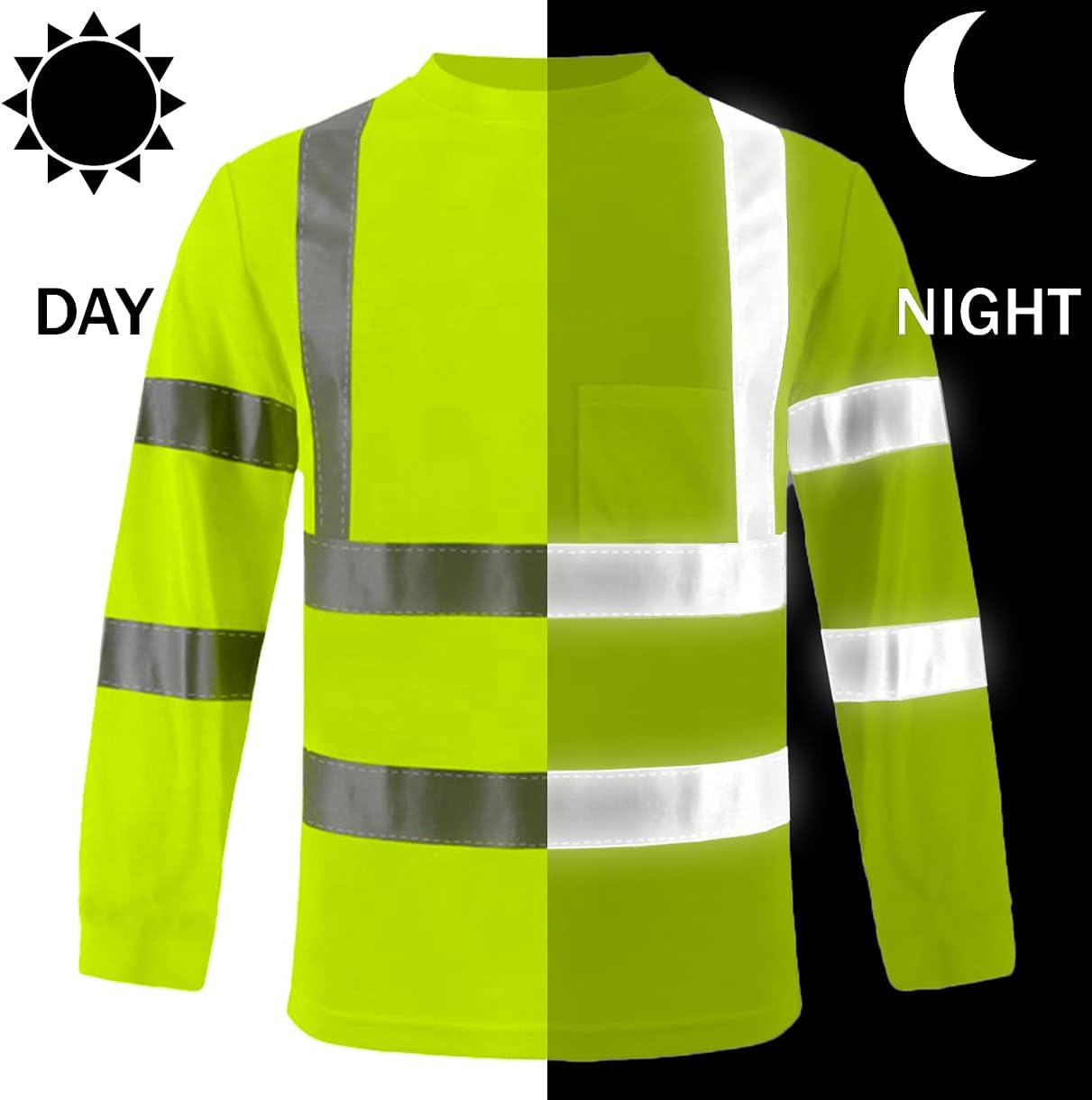 BeautyWill High Visibility Shirts Long Sleeve Class 2 Reflective Shirts ANSI with Pocket Safety Shirts for Men and Women