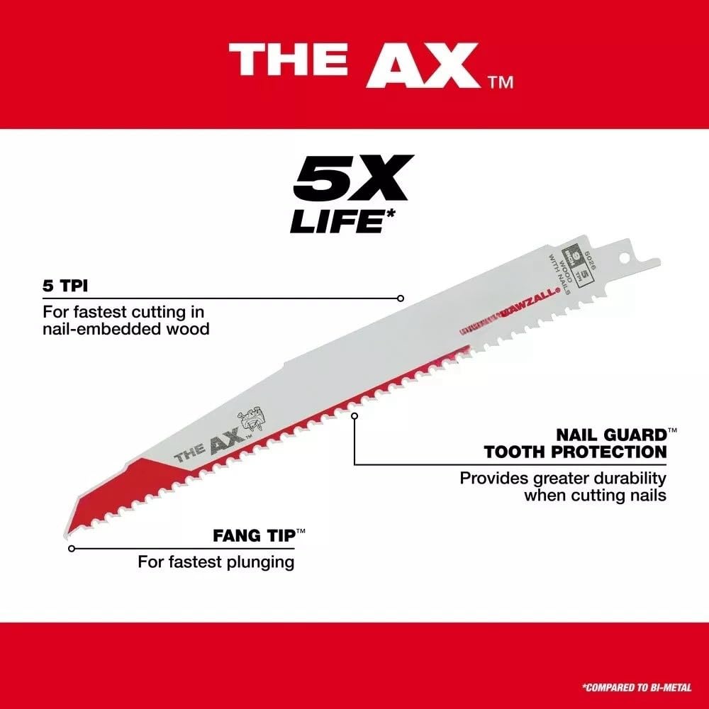 100PK 48-01-7026 for Milwaukee Reciprocating Saw Blade 9' 5 TPI The AX Demolition Wood Cutting Sawzall Lade