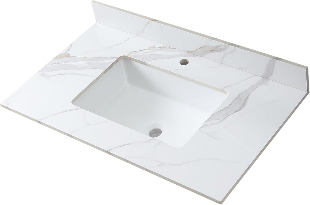 Montary 37'x 22' Bathroom Vanity Top with Undermounted Large Ceramic Sink & Backsplash, Sintered Stone Artificial Marble Vanity Sink Tops with 1 Pre-Drilled Hole, Carrara Gold