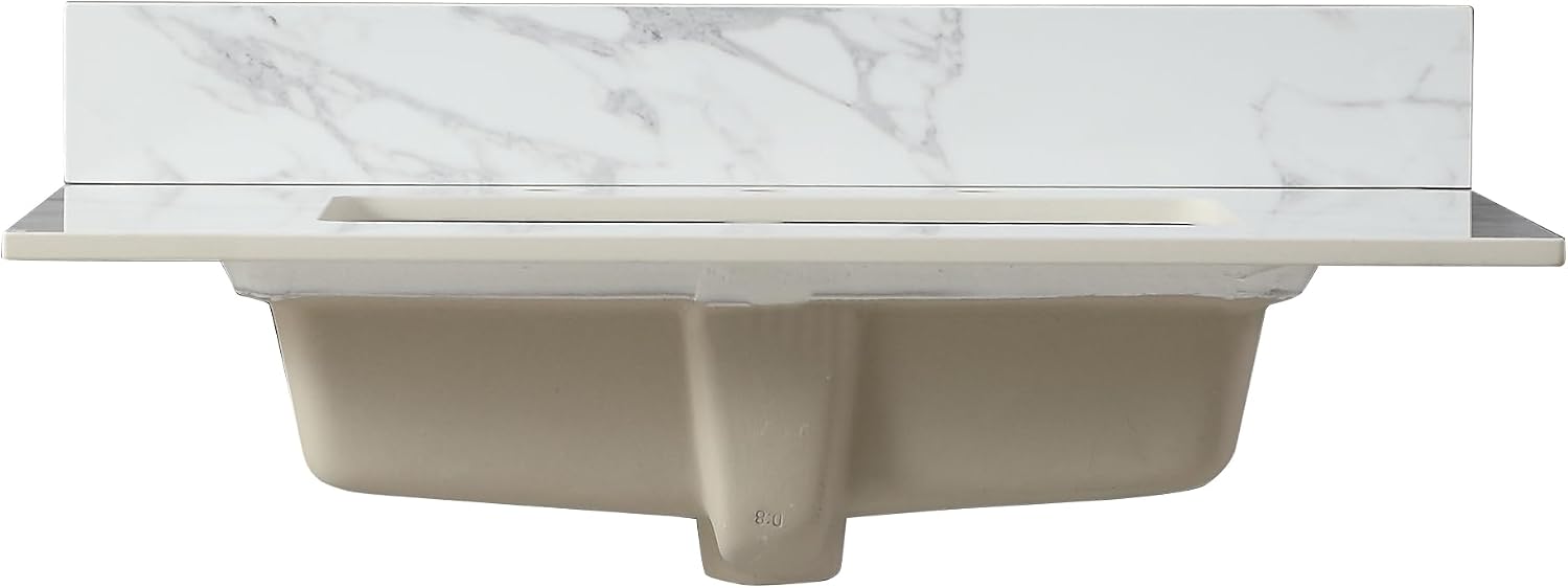 Montary 31'x 22' Bathroom Vanity Top with Undermounted Large Ceramic Sink & Backsplash, Sintered Stone Artificial Marble Vanity Sink Tops with 1 Pre-Drilled Hole, Carrara White