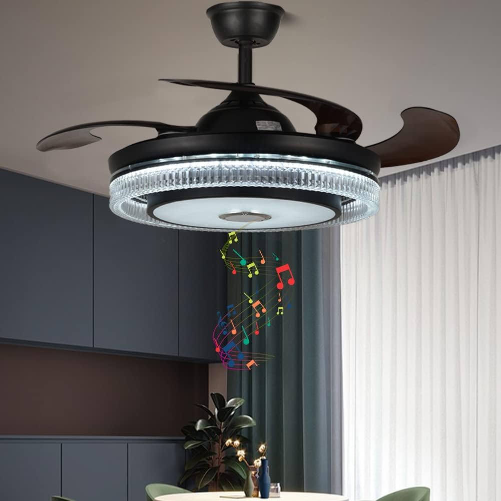 Fandian 42' Smart Ceiling Fan with Lights Bluetooth Speaker Chandelier, Modern Black Fandeliers with APP RGB Dimmable Colors, Reversible 6-Speed Lighting Fixtures for Living Bedroom