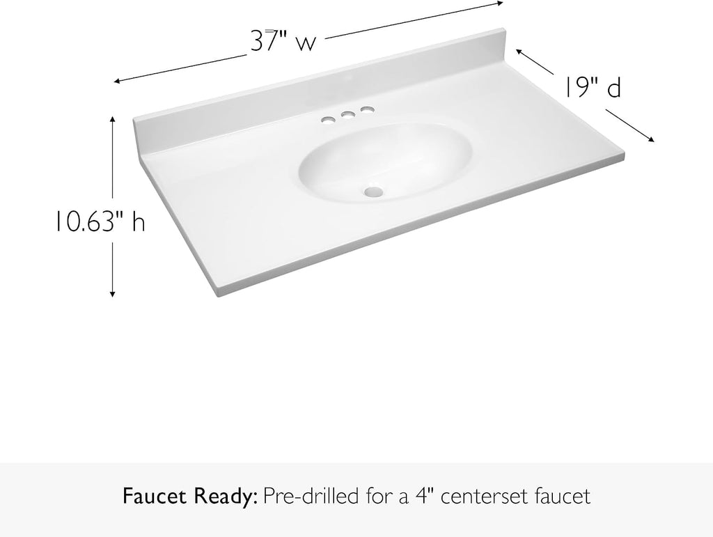 Pemberly Row 37x19 in Marble Single Bowl Vanity Top, Solid White Finish, Pre-Drilled Faucet Holes, Cultured Marble with Oval Sink, Integrated Backsplash, Durable Bathroom Countertop