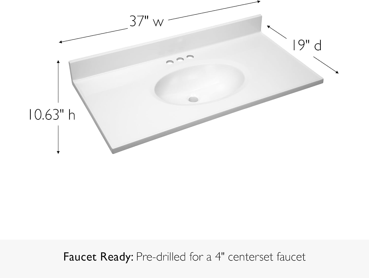 Pemberly Row 37x19 in Marble Single Bowl Vanity Top, Solid White Finish, Pre-Drilled Faucet Holes, Cultured Marble with Oval Sink, Integrated Backsplash, Durable Bathroom Countertop